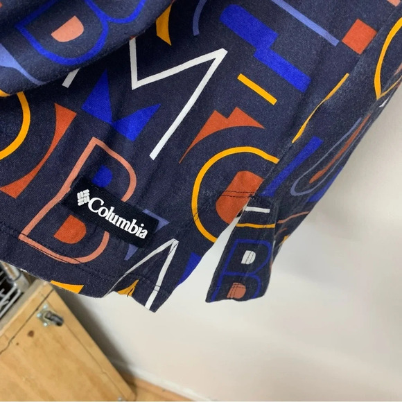 Columbia All Over‎ Print Hood Top Woman Medium  Y2K Spell Out Tunic 100% Cotton - Picture 3 of 11